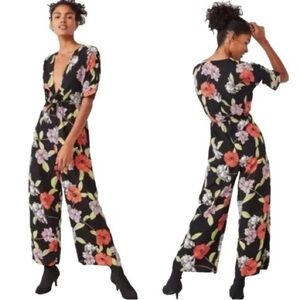 Urban outfitters floral tie-front jumpsuit plunging neck black orange medium